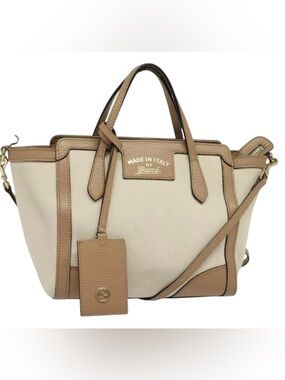 Gucci Cream Canvas mini swing Tote with Tan Leather Trim